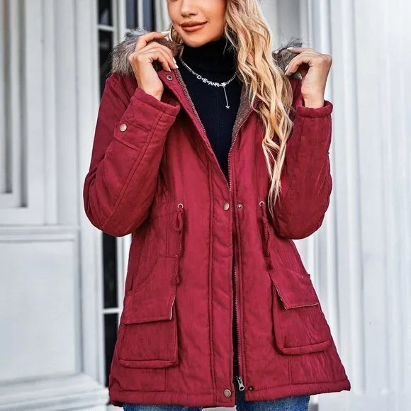 Red Preppy Womens Fuzzy Trim Hooded Drawstring Waist Teddy Lined Parka Coat - Picture 2 of 5